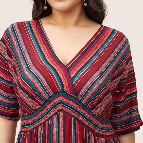 Striped Contrast Shirred Wrap High Low Hem Pocket Blouse scarlet - Picture 3 of 5